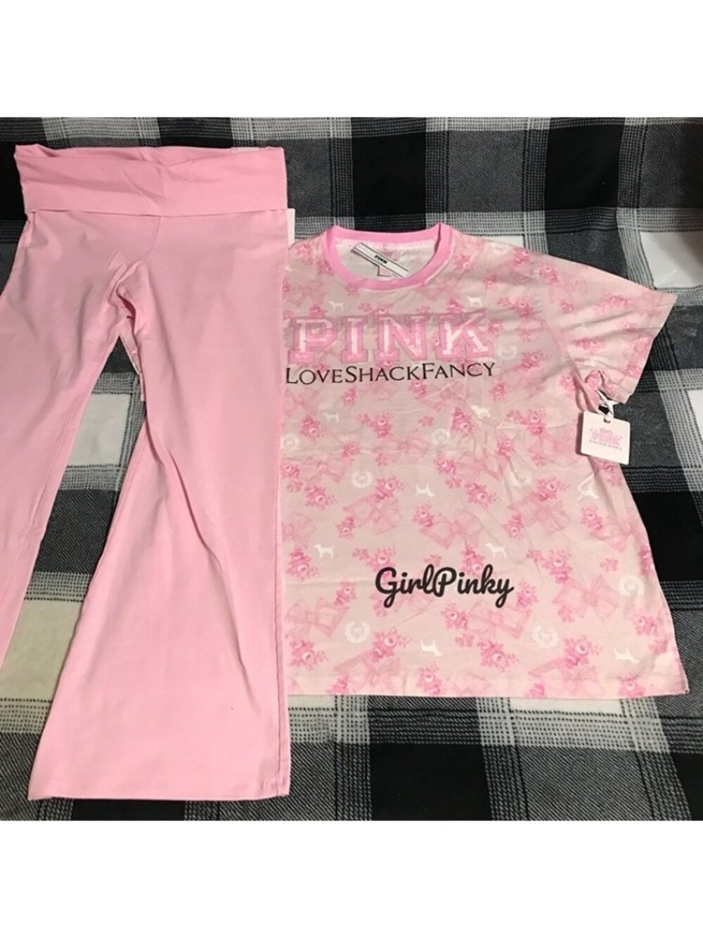 VS PINK x LOVESHACKFANCY FLARE LEGGINGS & TEE BEAUX ICONS FLORAL LOGO